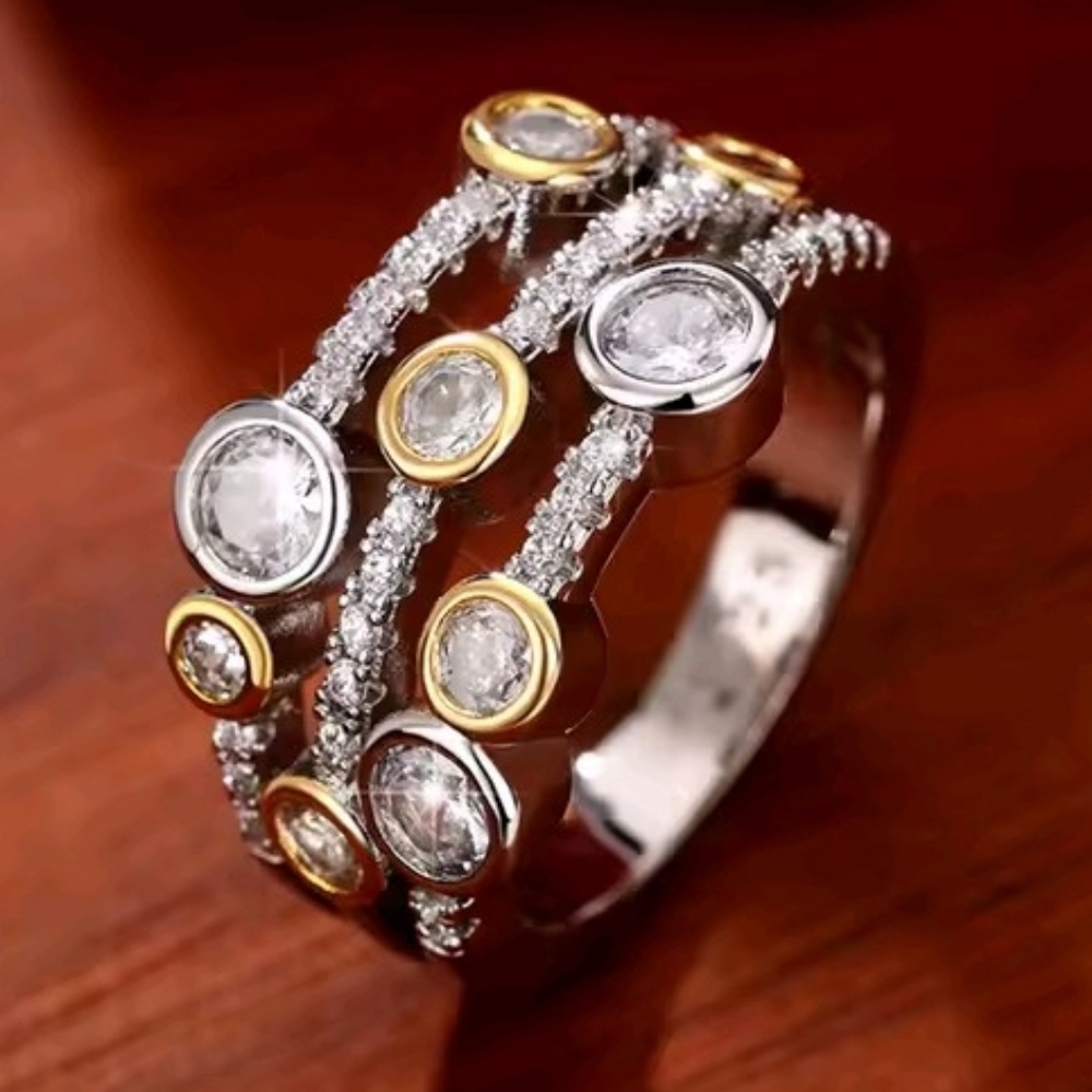 Two-Tone Gold & Silver Crystal Multi-Row Women’s Ring